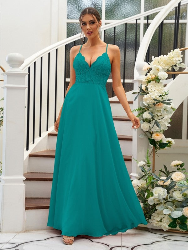 A-Line/Princess Chiffon Lace V-neck Sleeveless Floor-Length Bridesmaid Dresses Evening Prom Dress