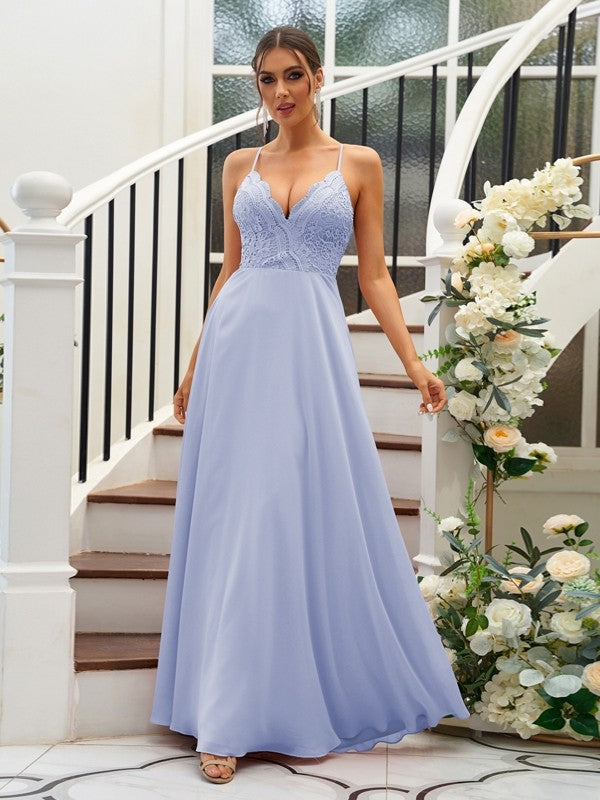 A-Line/Princess Chiffon Lace V-neck Sleeveless Floor-Length Bridesmaid Dresses Evening Prom Dress