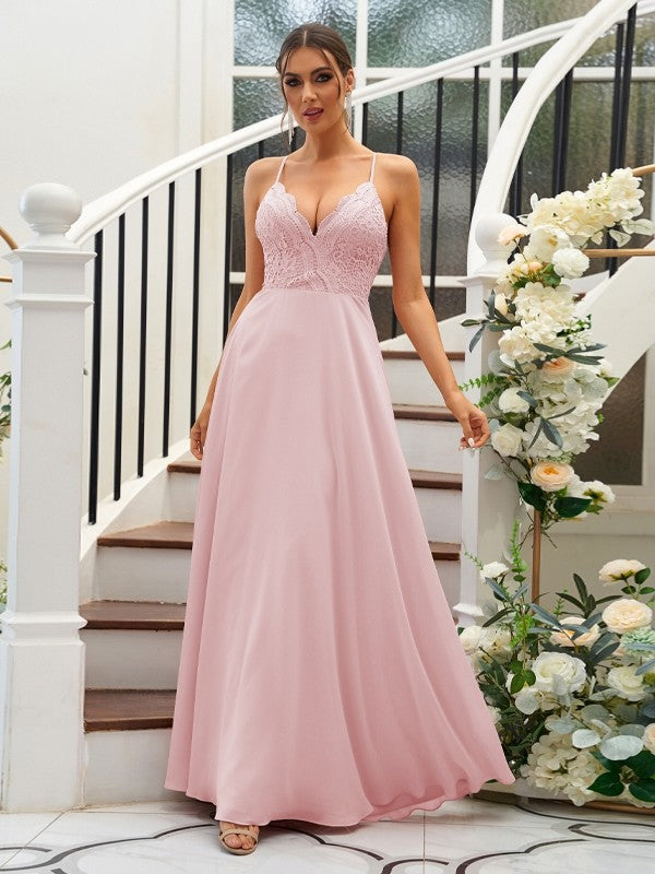 A-Line/Princess Chiffon Lace V-neck Sleeveless Floor-Length Bridesmaid Dresses Evening Prom Dress