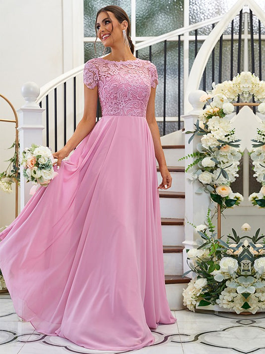 A-Line/Princess Chiffon Lace Scoop Short Sleeves Floor-Length Bridesmaid Dresses Evening Mother of the Bride Dress