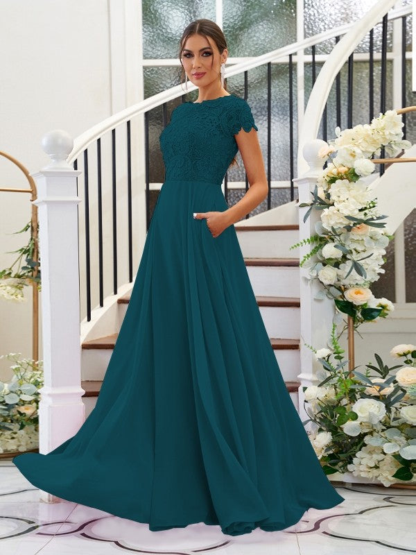 A-Line/Princess Chiffon Lace Scoop Short Sleeves Floor-Length Bridesmaid Dresses Evening Mother of the Bride Dress