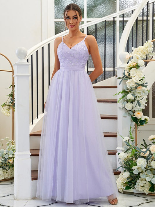 Vestido de dama de honor de corte A/princesa, con apliques de tul, escote en V, sin mangas, largo hasta el suelo, para invitada de boda