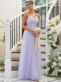 A-Linie/Princess-Linie Tüll Applikationen V-Ausschnitt Ärmellos Bodenlang Brautjungfernkleider Kleid für Hochzeitsgäste