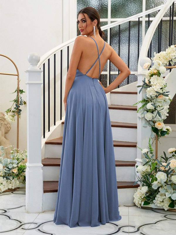 A-Linie/Princess-Linie Chiffon Rüschen Neckholder Ärmellos Bodenlang Brautjungfernkleider Abendkleid