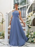 A-Linie/Princess-Linie Chiffon Rüschen Neckholder Ärmellos Bodenlang Brautjungfernkleider Abendkleid