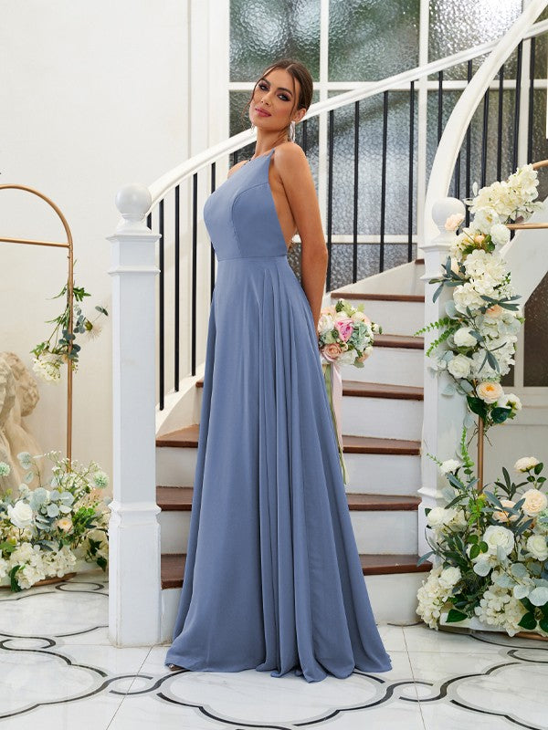 A-Linie/Princess-Linie Chiffon Rüschen Neckholder Ärmellos Bodenlang Brautjungfernkleider Abendkleid