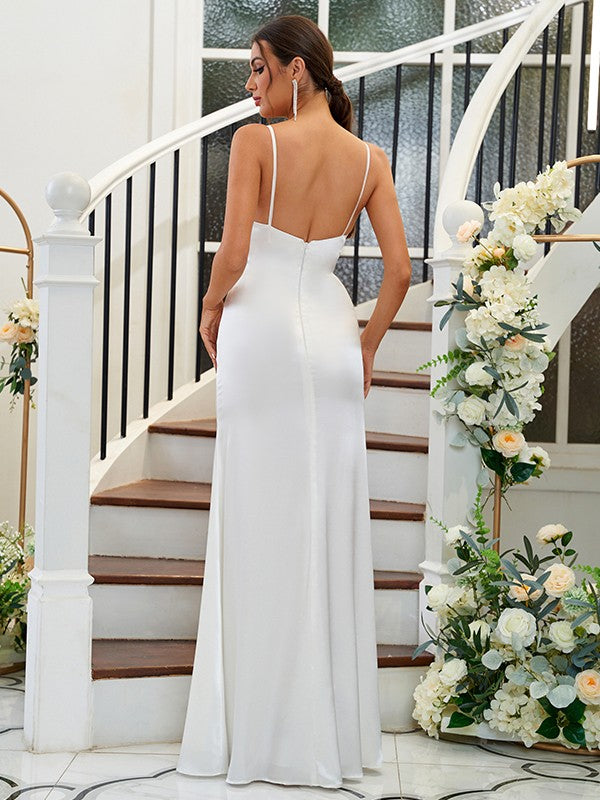 A-Line/Princess Silk like Satin Ruffles Spaghetti Straps Sleeveless Floor-Length Bridesmaid Dresses Evening Dress