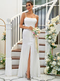 A-Line/Princess Silk like Satin Ruffles Spaghetti Straps Sleeveless Floor-Length Bridesmaid Dresses Evening Dress