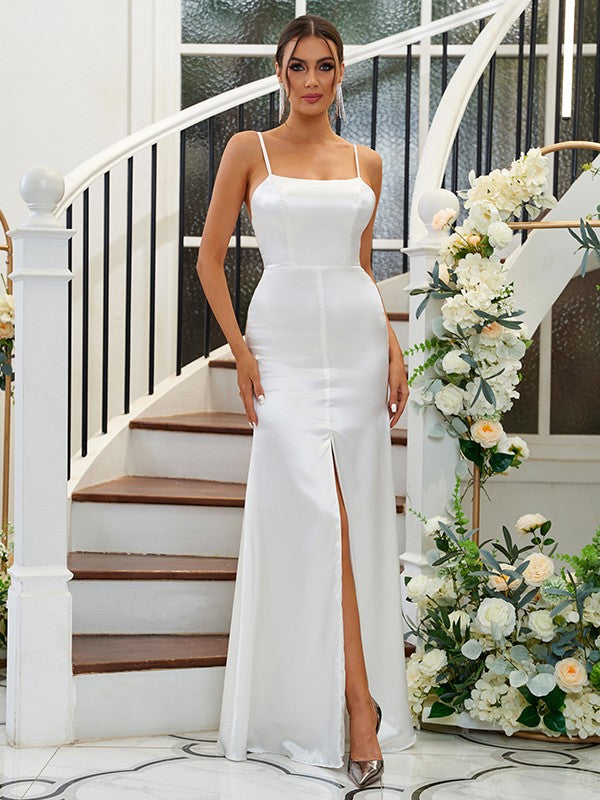 A-Line/Princess Silk like Satin Ruffles Spaghetti Straps Sleeveless Floor-Length Bridesmaid Dresses Evening Dress