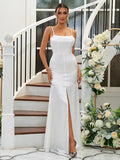 A-Line/Princess Silk like Satin Ruffles Spaghetti Straps Sleeveless Floor-Length Bridesmaid Dresses Evening Dress