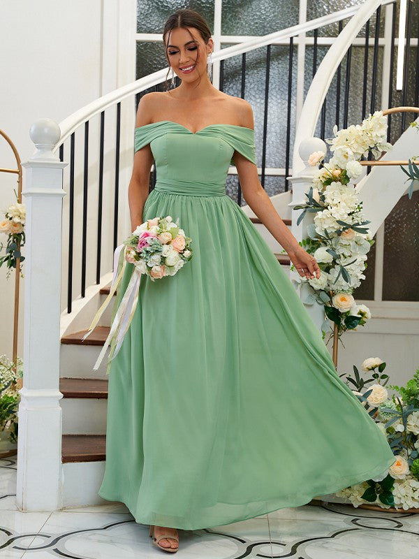 A-Line/Princess Chiffon Ruffles Off-the-Shoulder Sleeveless Floor-Length Bridesmaid Dresses Evening Dress