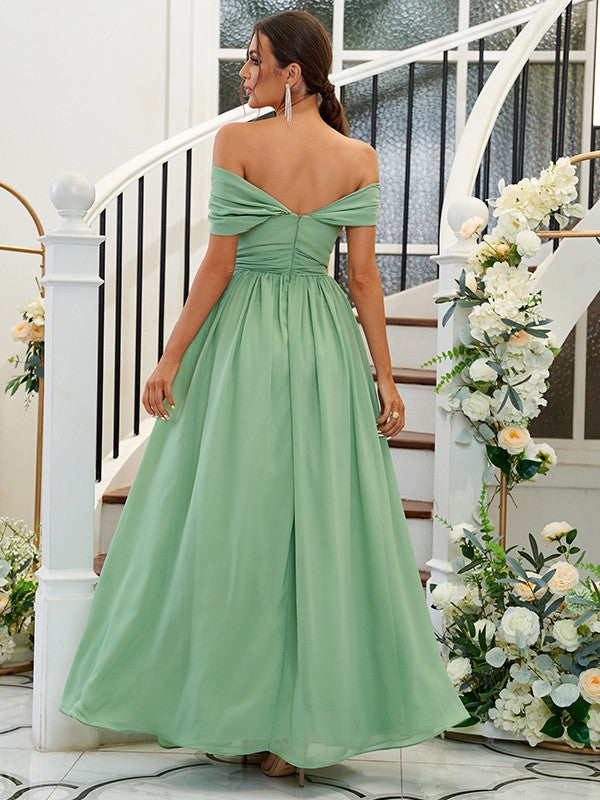 A-Line/Princess Chiffon Ruffles Off-the-Shoulder Sleeveless Floor-Length Bridesmaid Dresses Evening Dress
