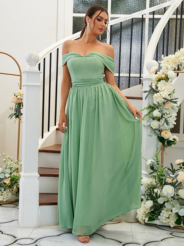 A-Line/Princess Chiffon Ruffles Off-the-Shoulder Sleeveless Floor-Length Bridesmaid Dresses Evening Dress