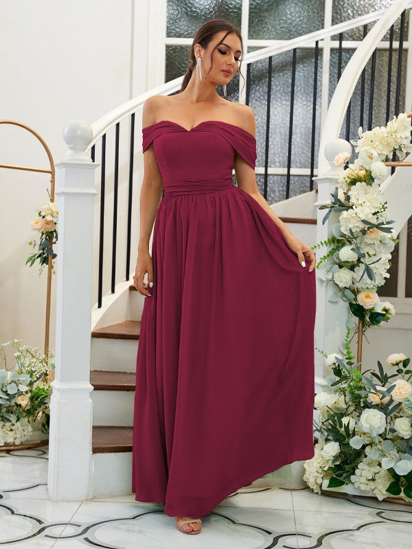 A-Line/Princess Chiffon Ruffles Off-the-Shoulder Sleeveless Floor-Length Bridesmaid Dresses Evening Dress