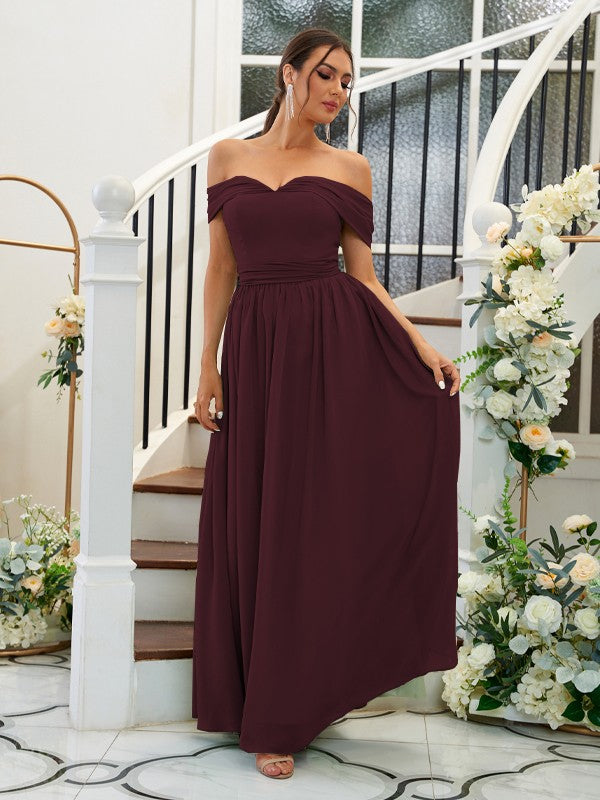 A-Line/Princess Chiffon Ruffles Off-the-Shoulder Sleeveless Floor-Length Bridesmaid Dresses Evening Dress