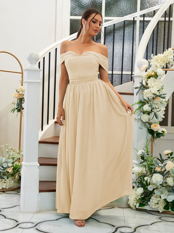 A-Line/Princess Chiffon Ruffles Off-the-Shoulder Sleeveless Floor-Length Bridesmaid Dresses Evening Dress