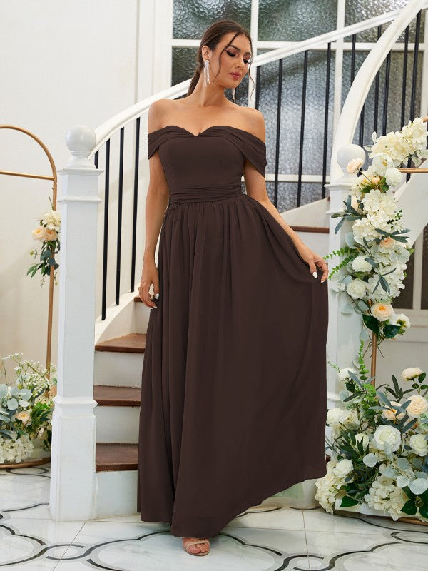 A-Line/Princess Chiffon Ruffles Off-the-Shoulder Sleeveless Floor-Length Bridesmaid Dresses Evening Dress
