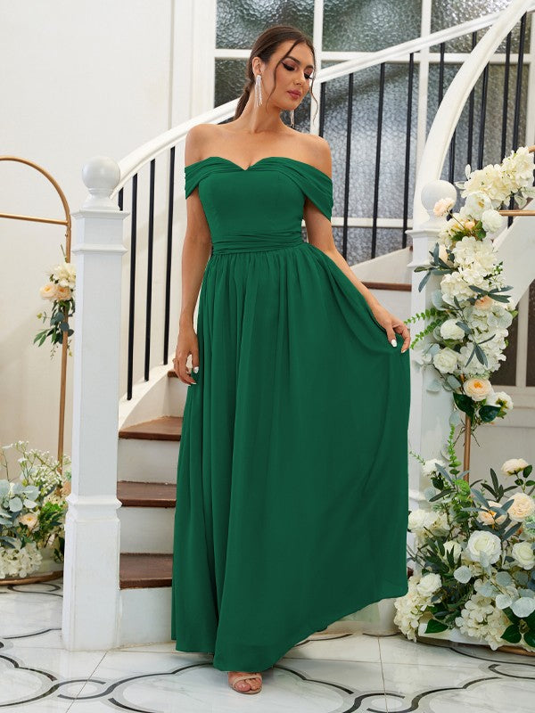 A-Line/Princess Chiffon Ruffles Off-the-Shoulder Sleeveless Floor-Length Bridesmaid Dresses Evening Dress