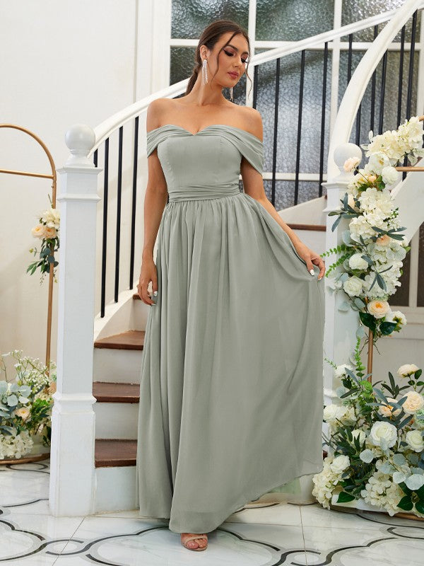 A-Line/Princess Chiffon Ruffles Off-the-Shoulder Sleeveless Floor-Length Bridesmaid Dresses Evening Dress