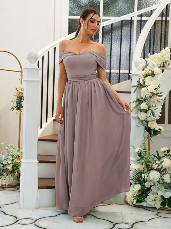 A-Line/Princess Chiffon Ruffles Off-the-Shoulder Sleeveless Floor-Length Bridesmaid Dresses Evening Dress