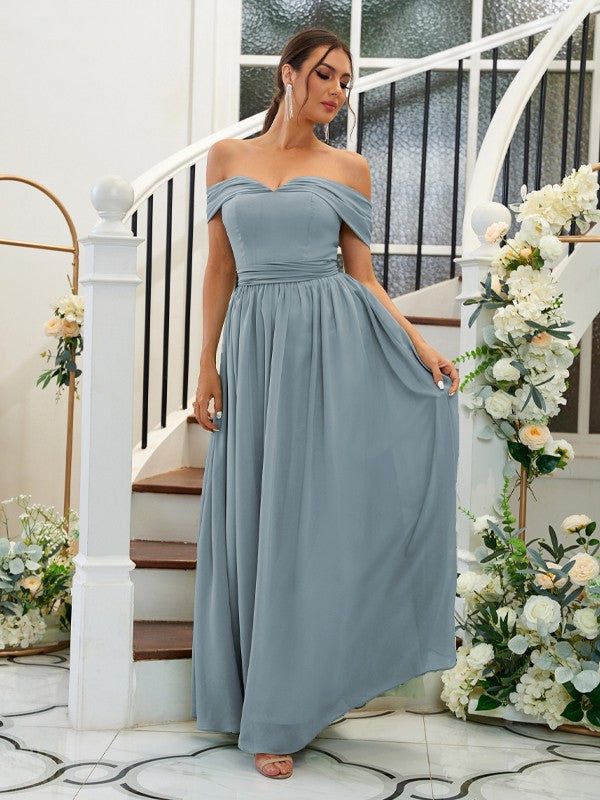 A-Line/Princess Chiffon Ruffles Off-the-Shoulder Sleeveless Floor-Length Bridesmaid Dresses Evening Dress