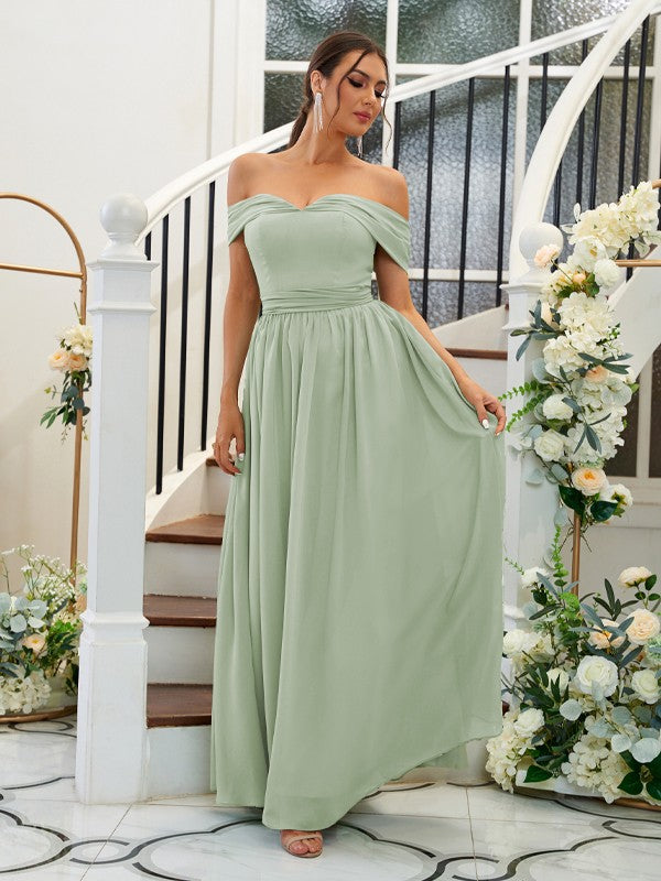 A-Line/Princess Chiffon Ruffles Off-the-Shoulder Sleeveless Floor-Length Bridesmaid Dresses Evening Dress