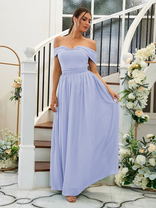 A-Line/Princess Chiffon Ruffles Off-the-Shoulder Sleeveless Floor-Length Bridesmaid Dresses Evening Dress