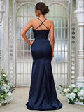 Sheath/Column Silk like Satin Ruched V-neck Sleeveless Sweep/Brush Train Bridesmaid Dresses Evening Dress