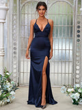 Sheath/Column Silk like Satin Ruched V-neck Sleeveless Sweep/Brush Train Bridesmaid Dresses Evening Dress