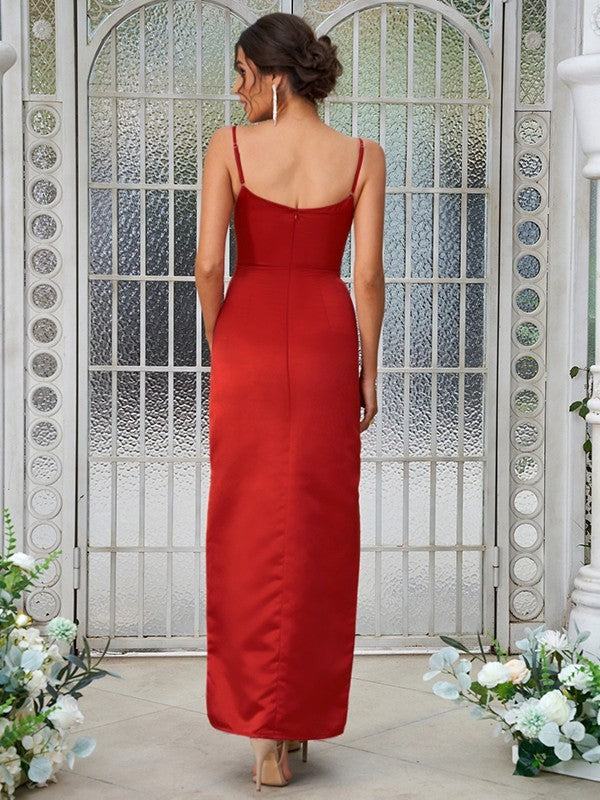 Sheath/Column Satin Ruched Spaghetti Straps Sleeveless Ankle-Length Bridesmaid Dresses Evening Dress