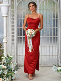 Sheath/Column Satin Ruched Spaghetti Straps Sleeveless Ankle-Length Bridesmaid Dresses Evening Dress