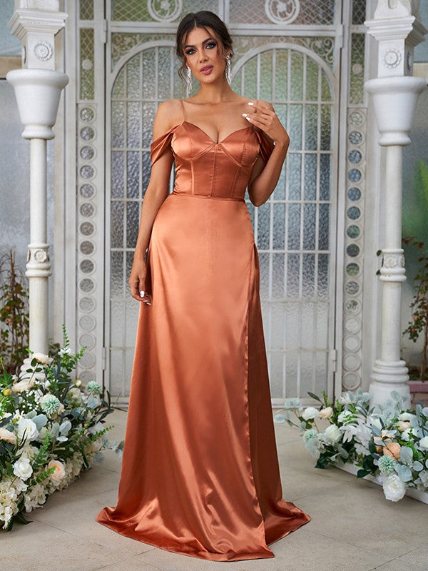 A-Line/Princess Silk like Satin Ruched Sweetheart Sleeveless Sweep/Brush Train Bridesmaid Dresses Evening Dress
