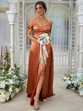 A-Line/Princess Silk like Satin Ruched Sweetheart Sleeveless Sweep/Brush Train Bridesmaid Dresses Evening Dress