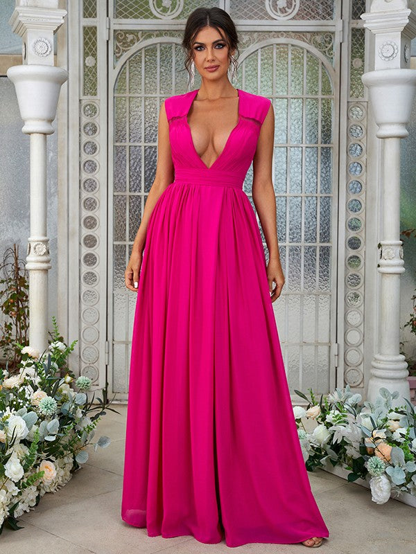 A-Line/Princess Chiffon Ruffles V-neck Sleeveless Floor-Length Bridesmaid Dresses	Evening Prom Dress