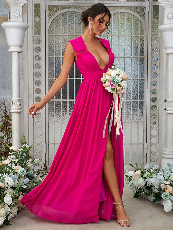 A-Line/Princess Chiffon Ruffles V-neck Sleeveless Floor-Length Bridesmaid Dresses	Evening Prom Dress