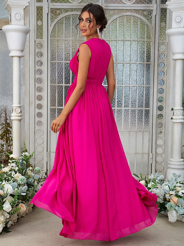 A-Line/Princess Chiffon Ruffles V-neck Sleeveless Floor-Length Bridesmaid Dresses	Evening Prom Dress