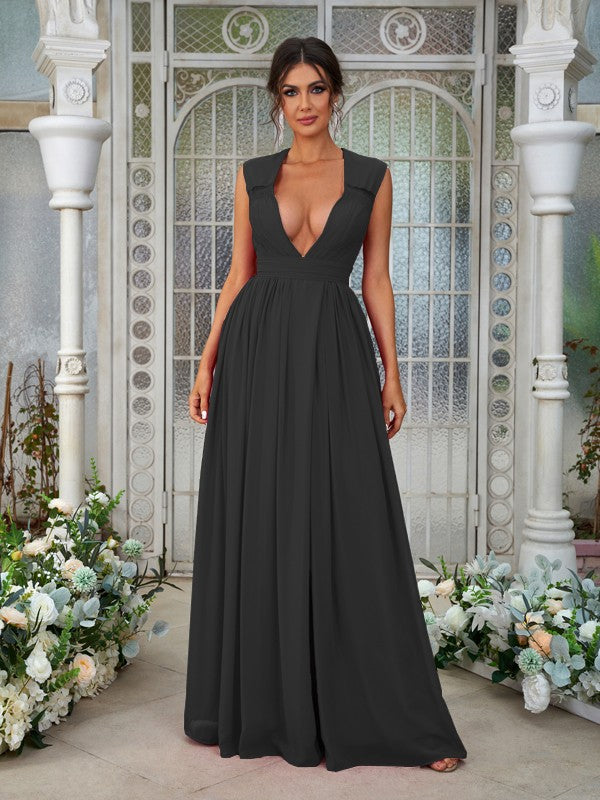 A-Line/Princess Chiffon Ruffles V-neck Sleeveless Floor-Length Bridesmaid Dresses	Evening Prom Dress