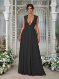 A-Line/Princess Chiffon Ruffles V-neck Sleeveless Floor-Length Bridesmaid Dresses	Evening Prom Dress