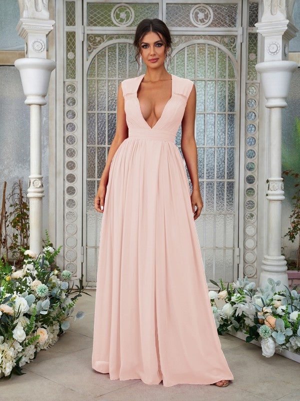 A-Line/Princess Chiffon Ruffles V-neck Sleeveless Floor-Length Bridesmaid Dresses	Evening Prom Dress
