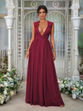 A-Line/Princess Chiffon Ruffles V-neck Sleeveless Floor-Length Bridesmaid Dresses	Evening Prom Dress