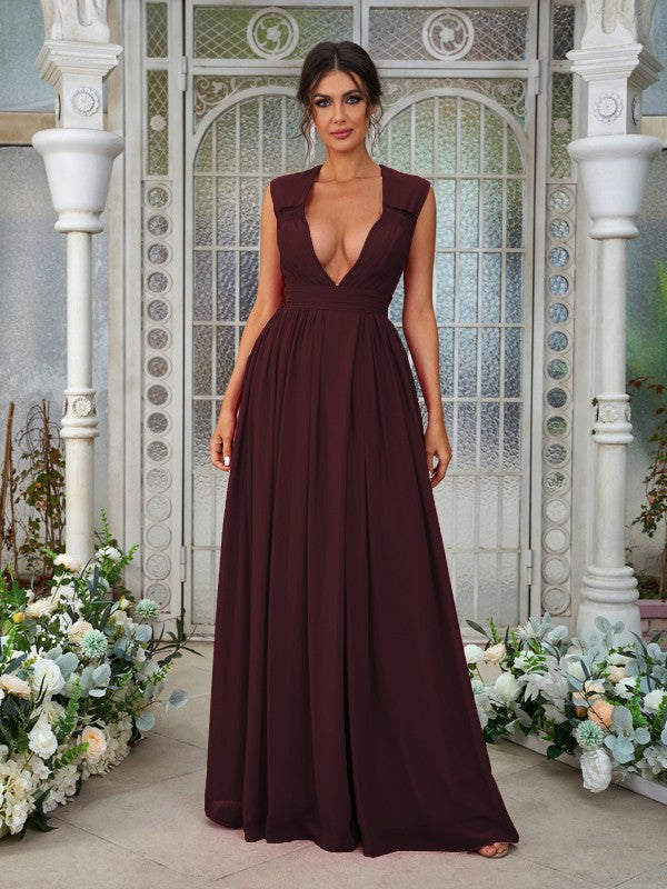 A-Line/Princess Chiffon Ruffles V-neck Sleeveless Floor-Length Bridesmaid Dresses	Evening Prom Dress