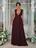 A-Line/Princess Chiffon Ruffles V-neck Sleeveless Floor-Length Bridesmaid Dresses	Evening Prom Dress