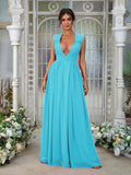 A-Line/Princess Chiffon Ruffles V-neck Sleeveless Floor-Length Bridesmaid Dresses	Evening Prom Dress