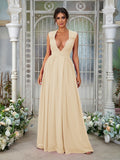 A-Line/Princess Chiffon Ruffles V-neck Sleeveless Floor-Length Bridesmaid Dresses	Evening Prom Dress