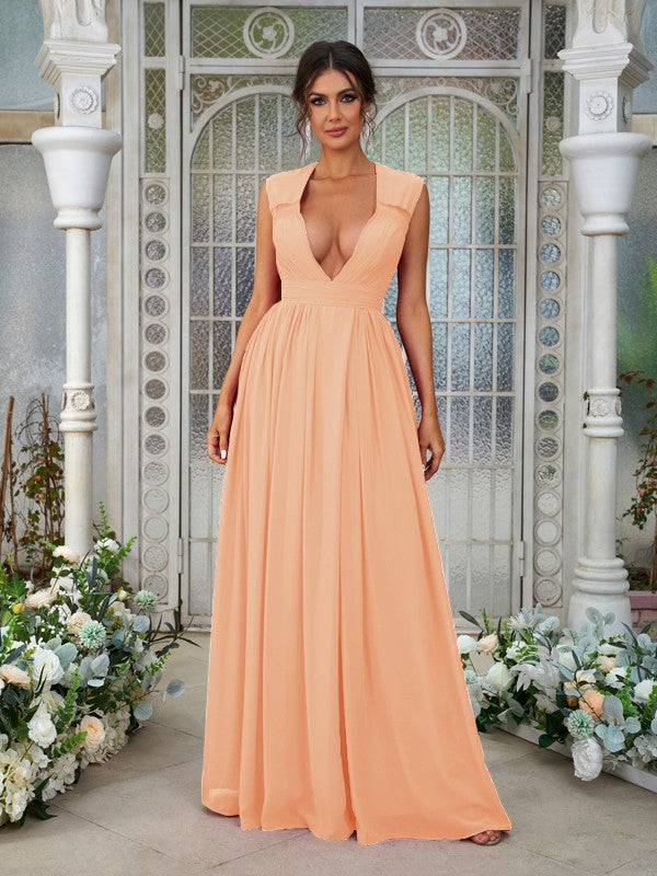 A-Line/Princess Chiffon Ruffles V-neck Sleeveless Floor-Length Bridesmaid Dresses	Evening Prom Dress