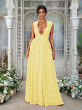A-Line/Princess Chiffon Ruffles V-neck Sleeveless Floor-Length Bridesmaid Dresses	Evening Prom Dress