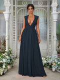 A-Line/Princess Chiffon Ruffles V-neck Sleeveless Floor-Length Bridesmaid Dresses	Evening Prom Dress