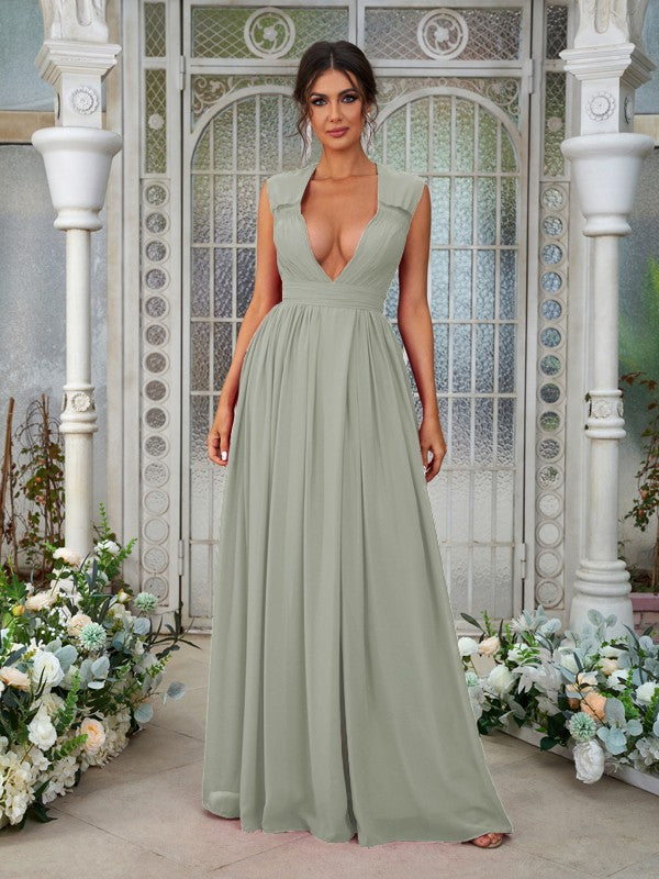 A-Line/Princess Chiffon Ruffles V-neck Sleeveless Floor-Length Bridesmaid Dresses	Evening Prom Dress