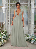 A-Line/Princess Chiffon Ruffles V-neck Sleeveless Floor-Length Bridesmaid Dresses	Evening Prom Dress
