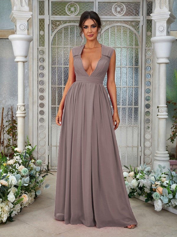 A-Line/Princess Chiffon Ruffles V-neck Sleeveless Floor-Length Bridesmaid Dresses	Evening Prom Dress